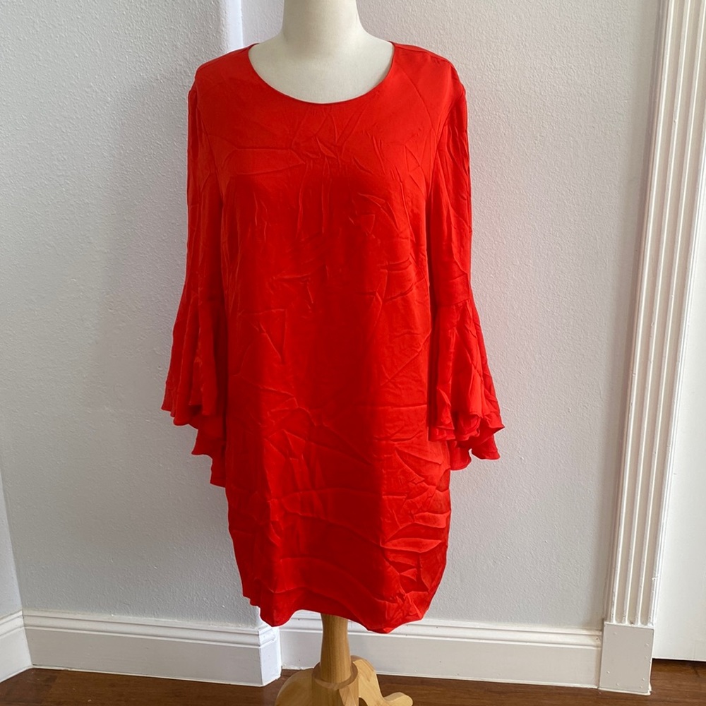 Milly Red Nicole Cady‎ Silk Blend Mini Dress Bell Sleeves Size 14